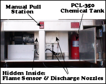 Back view of a Lil' Orbits vendor cart showing the downdraft access panel